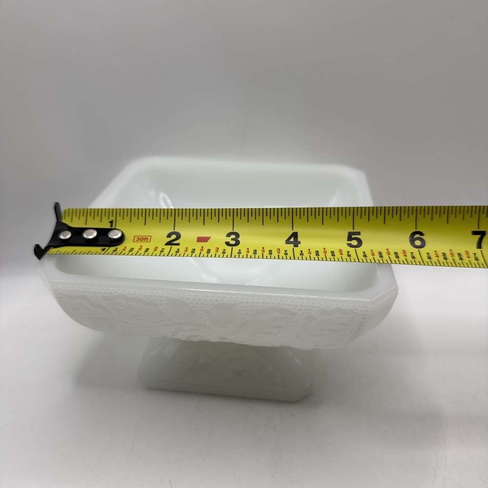 Vintage Jeanette Milk Glass Square Pedestal Candy Dish Acorn & Leaf Pattern - Picture 4 of 9